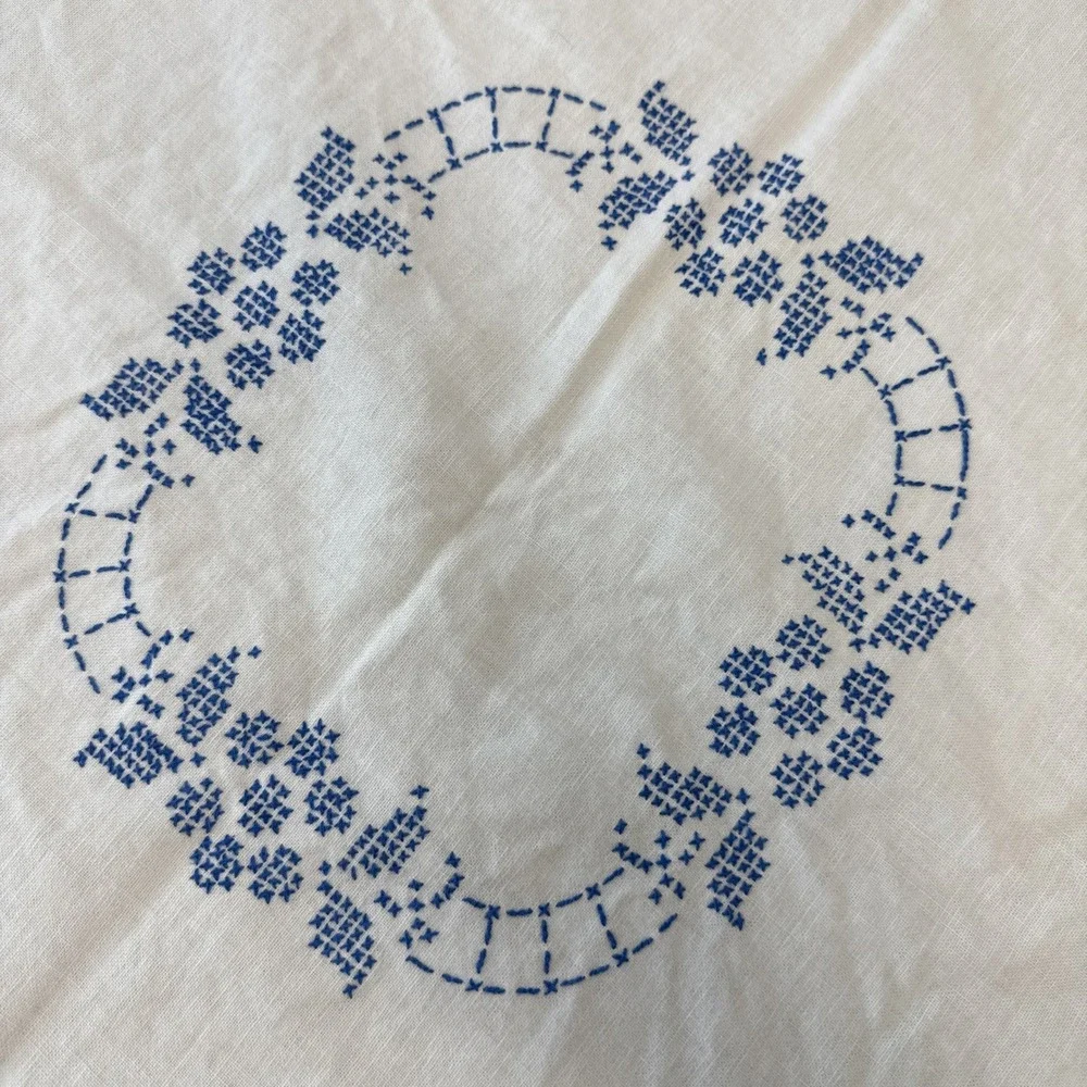 Vtg Cross Stitch Tablecloth Cotton Embroidery Blue White Basket Floral Stains